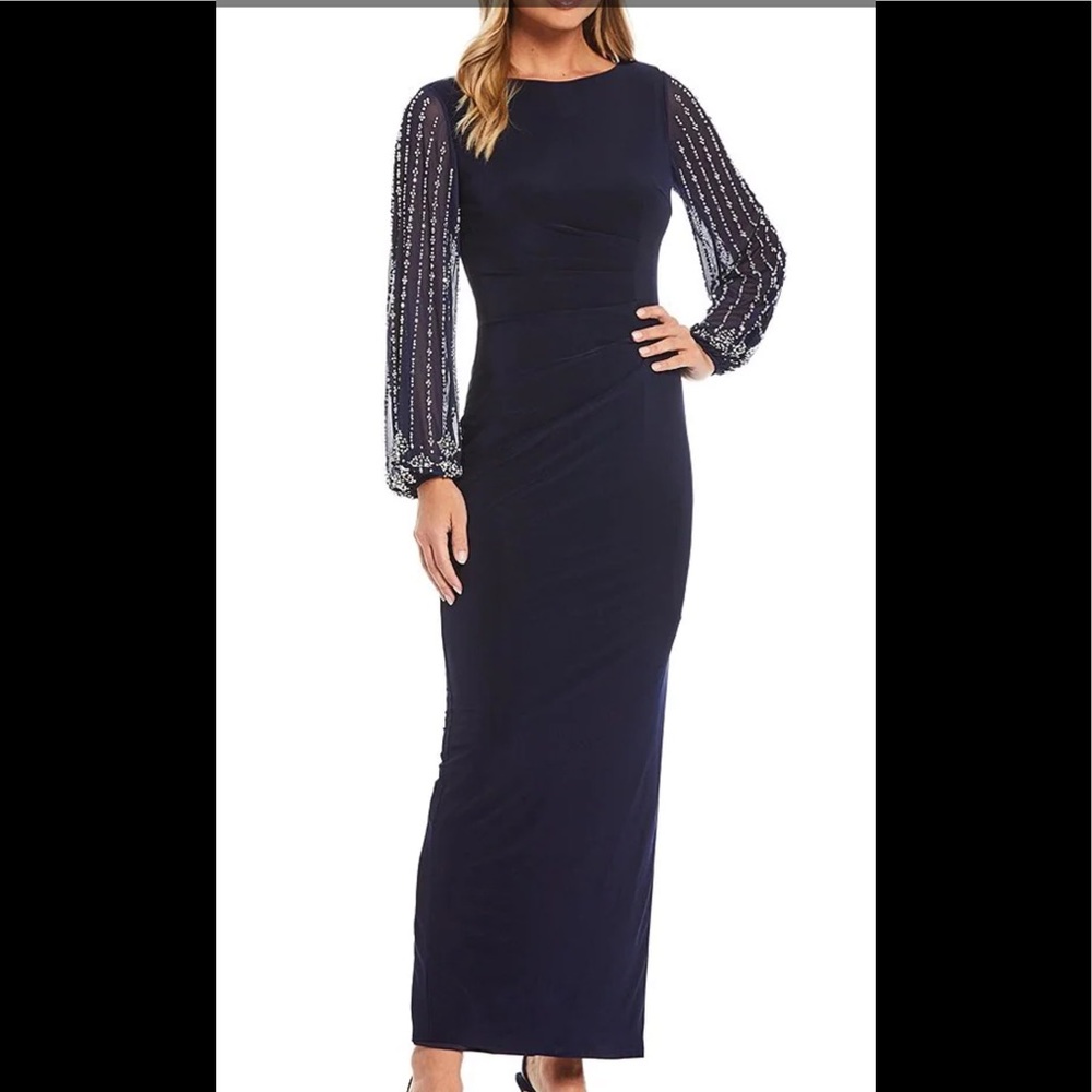 Navy boat-neck long sheath sleeve cuffed beaded gown